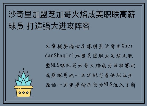沙奇里加盟芝加哥火焰成美职联高薪球员 打造强大进攻阵容