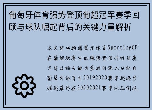 葡萄牙体育强势登顶葡超冠军赛季回顾与球队崛起背后的关键力量解析